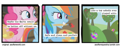 Size: 720x275 | Tagged: safe, artist:asofterequestria, derpibooru import, pinkie pie, rainbow dash, earth pony, pegasus, pony, comic:a softer equestria, griffon the brush off, a softer world, apple, color, comic, duo, food, prank, sweet apple acres