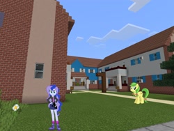 Size: 2048x1536 | Tagged: safe, artist:eugenebrony, artist:punzil504, artist:topsangtheman, apple fritter, princess luna, earth pony, pony, topsangtheman's minecraft server, equestria girls, apple family member, daisy (flower), house, looking at you, minecraft, photoshopped into minecraft, tree
