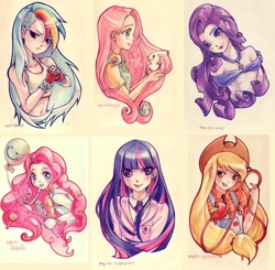 Size: 1024x1003 | Tagged: safe, artist:kerriwon, derpibooru import, angel bunny, applejack, fluttershy, pinkie pie, rainbow dash, rarity, twilight sparkle, humanized, mane six, traditional art