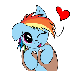 Size: 2000x2000 | Tagged: safe, artist:yooyfull, rainbow dash, human, pony, cute, dashabetes, floppy ears, hand, heart, holding a pony, one eye closed, wink