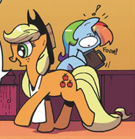 Size: 194x200 | Tagged: safe, derpibooru import, idw, applejack, rainbow dash, earth pony, pegasus, pony, spoiler:comic, apple cider, foomp, katie cook