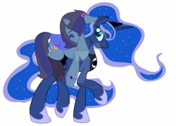 Size: 1600x1151 | Tagged: safe, artist:princesslunayay, princess luna, oc, oc:savannah london, alicorn, pony, unicorn, artificial wings, augmented, base used, bisexual pride flag, bracelet, canon x oc, clothes, crown, cute, deviantart watermark, female, flower, flower in hair, hoof shoes, implied lesbian, jewelry, lesbian, magic, magic wings, necklace, obtrusive watermark, paint palette, ponies riding ponies, pride, pride flag, regalia, riding, shoes, simple background, sleeping, sparkly mane, watermark, white background, wings