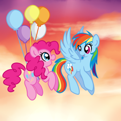 Size: 700x700 | Tagged: safe, artist:littlepinkalpaca, derpibooru import, pinkie pie, rainbow dash, earth pony, pegasus, pony, balloon, then watch her balloons lift her up to the sky