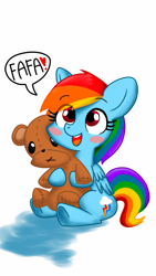 Size: 1080x1920 | Tagged: safe, artist:gasplanet, rainbow dash, pegasus, pony, blushing, cute, dashabetes, heart, hug, looking at you, open mouth, simple background, sitting, smiling, solo, speech bubble, teddy bear, white background