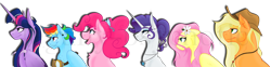 Size: 3260x804 | Tagged: safe, artist:legally-psychotic, derpibooru import, applejack, fluttershy, pinkie pie, rainbow dash, rarity, twilight sparkle, twilight sparkle (alicorn), alicorn, earth pony, pegasus, pony, unicorn, bow, flower, goggles, hair bow, mane six, necklace, watermark