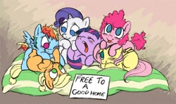 Size: 1000x590 | Tagged: safe, artist:bitter-knitter, derpibooru import, applejack, fluttershy, pinkie pie, rainbow dash, rarity, twilight sparkle, earth pony, pegasus, pony, unicorn, adoption, blank flank, cute, dashabetes, diapinkes, female, filly, filly applejack, filly fluttershy, filly pinkie pie, filly rainbow dash, filly rarity, filly six, filly twilight sparkle, jackabetes, mane six, playing, puppy ponies, raribetes, shyabetes, twiabetes, yawn, younger