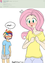 Size: 755x1057 | Tagged: safe, artist:kprovido, fluttershy, rainbow dash, human, blushing, breast reduction, breasts, delicious flat chest, deviantart, dialogue, flattershy, humanized, light skin, observer, pun, request