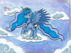 Size: 2480x1848 | Tagged: safe, alternate version, artist:serenepony, princess luna, alicorn, pony, armor, cloud, colored pencil drawing, crown, ethereal mane, female, flying, jewelry, mare, marker drawing, moon, night, night sky, regalia, sky, solo, stars, traditional art