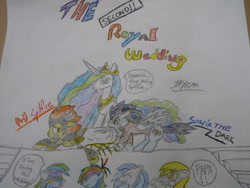 Size: 4000x3000 | Tagged: safe, artist:soarindark, derpibooru import, dj pon-3, princess celestia, rainbow dash, soarin', spitfire, vinyl scratch, alicorn, pegasus, pony, female, male, marriage, shipping, soarinfire, straight, traditional art, wedding