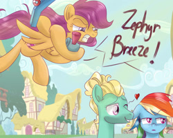 Size: 2500x2000 | Tagged: safe, artist:redheadfly, derpibooru import, rainbow dash, scootaloo, zephyr breeze, pegasus, pony, flutter brutter, heart, scooter, this will end in pain