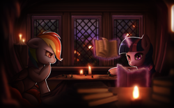 Size: 3360x2100 | Tagged: safe, artist:i-am-knot, rainbow dash, twilight sparkle, twilight sparkle (alicorn), alicorn, pegasus, pony, battle lords, book, candle, dark, female, game, golden oaks library, interior, magic, mare, night, playing, reading, table, tabletop game, window