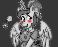 Size: 1074x861 | Tagged: safe, artist:meqiopeach, princess luna, alicorn, anthro, between dark and dawn, art, blushing, clothes, cute, drawing, fanart, flower, food, grayscale, holiday, horn, ice cream, ice cream cone, lunabetes, magic, mane, mint ice cream, monochrome, shirt, simple, simple background, simple shading, sketch dump, solo, sparkles, stars, wings