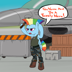 Size: 1280x1280 | Tagged: safe, artist:midnight-wizard, rainbow dash, pegasus, pony, aircraft, bipedal, boots, capcom, cosplay, female, guile, mare, military, military uniform, parody, shoes, solo, street fighter