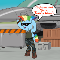 Size: 1280x1280 | Tagged: safe, artist:midnight-wizard, rainbow dash, pegasus, pony, aircraft, bipedal, boots, cosplay, female, guile, mare, military, military uniform, shoes, solo, street fighter, sunglasses