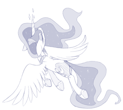 Size: 3863x3465 | Tagged: safe, artist:jessy, princess luna, alicorn, pony, eyes closed, female, flying, mare, monochrome, simple background, solo, white background