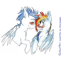 Size: 1024x951 | Tagged: safe, artist:sanddragon189, derpibooru import, rainbow dash, soarin', pegasus, pony, blushing, female, male, shipping, sketch, soarindash, straight, traditional art