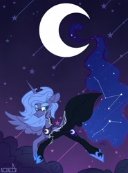 Size: 1518x2048 | Tagged: safe, artist:n in a, nightmare moon, princess luna, alicorn, pony, cloud, constellation, crescent moon, crying, moon, night, night sky, s1 luna, sky, solo, stars, teary eyes