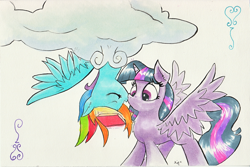 Size: 1024x683 | Tagged: safe, artist:kittyhawk-contrail, derpibooru import, rainbow dash, twilight sparkle, twilight sparkle (alicorn), alicorn, pegasus, pony, female, kissing, lesbian, shipping, twidash