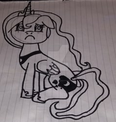 Size: 1920x2021 | Tagged: safe, artist:princesslunayay, princess luna, alicorn, pony, art, black outlines, crown, crying, cute, deviantart watermark, female, floppy ears, hoof shoes, jewelry, lined paper, looking at you, lunabetes, mare, monochrome, necklace, no color, obtrusive watermark, outline, pencil drawing, regalia, sad, sadorable, sitting, solo, teary eyes, traditional art, watermark