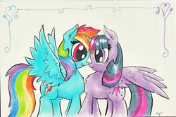 Size: 1024x683 | Tagged: safe, artist:kittyhawk-contrail, derpibooru import, rainbow dash, twilight sparkle, twilight sparkle (alicorn), alicorn, pegasus, pony, female, lesbian, shipping, twidash