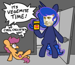 Size: 1123x977 | Tagged: safe, artist:threetwotwo32232, princess luna, scootaloo, alicorn, human, pegasus, pony, female, mare, newbie artist training grounds, parody, vegemite, wat