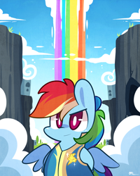 Size: 880x1100 | Tagged: safe, artist:php56, rainbow dash, pegasus, pony, rainbow falls, bipedal, chibi, female, lead pony badge, mare, rainbow fall, signature, solo, wonderbolt badge, wonderbolt trainee uniform