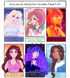 Size: 1000x1101 | Tagged: safe, artist:lyrinarine, princess luna, human, adventure time, avatar the last airbender, braid, bust, choker, clothes, constellation, elsa, ethereal mane, female, flame princess, frozen (movie), galaxy mane, horn, horned humanization, humanized, jewelry, katana, lipstick, makeup, once upon a time, princess aurora, sailor jupiter, sailor moon, six fanarts, smiling, sword, tiara, weapon