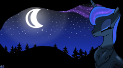 Size: 3463x1931 | Tagged: safe, artist:qnight, princess luna, alicorn, firefly (insect), insect, pony, milky way galaxy, moon, moonlight, night, solo, starry mane, starry night, stars, tree, wallpaper