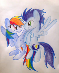 Size: 1712x2120 | Tagged: safe, artist:rainbowflamecharge47, rainbow dash, soarin', pegasus, pony, female, male, shipping, soarindash, straight, traditional art