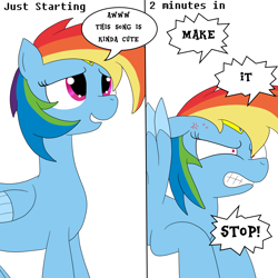 Size: 4000x4000 | Tagged: safe, artist:sailormod, rainbow dash, pegasus, pony, absurd resolution, comic, dialogue, female, mare, music, pain, sailor loyalty, sailor moon, simple background, solo, white background