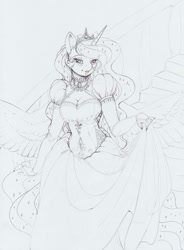 Size: 1211x1642 | Tagged: safe, artist:longinius, princess luna, alicorn, anthro, black and white, blushing, breasts, choker, cleavage, clothes, costume porn, crown, dress, ear piercing, earring, ethereal mane, eyelashes, female, gown, grayscale, horn, jewelry, lineart, looking at you, mare, monochrome, piercing, regalia, simple background, sketch, solo, spread wings, starry mane, traditional art, wings