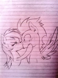 Size: 480x640 | Tagged: safe, artist:janadashie, derpibooru import, rainbow dash, soarin', pegasus, pony, blushing, cute, female, kissing, lined paper, male, monochrome, shipping, sketch, soarindash, straight, traditional art