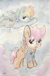 Size: 681x1032 | Tagged: safe, artist:slightlyshade, rainbow dash, scootaloo, pegasus, pony, clothes, cloud, cloudy, flying, scootaloo can fly, traditional art