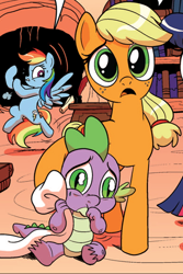 Size: 390x583 | Tagged: safe, derpibooru import, idw, applejack, rainbow dash, spike, twilight sparkle, dragon, earth pony, pegasus, pony, spoiler:comic, applespike, blanket, crying, donald dash, female, hatless, male, missing accessory, shipping, straight, worried