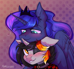 Size: 1131x1065 | Tagged: safe, artist:survya, princess luna, oc, oc:moonshine, alicorn, pony, unicorn, collar, cuddling, cute, flannel, flannel shirt, freckles, shipping, size difference, snuggling, wholesome
