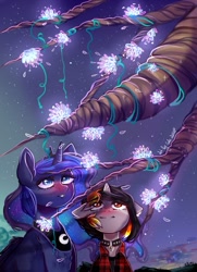 Size: 700x969 | Tagged: safe, artist:crybaby, princess luna, oc, oc:moonshine, alicorn, pony, unicorn, armor, blushing, breastplate, collar, crown, cute, dusk, flannel, flannel shirt, glowing flower, jewelry, looking up, magic, regalia, shipping, wholesome