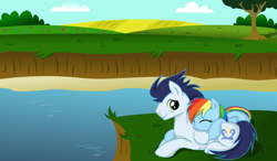 Size: 1280x750 | Tagged: safe, artist:madzik0107, rainbow dash, soarin', pegasus, pony, cuddling, eyes closed, female, male, scenery, shipping, smiling, snuggling, soarindash, straight