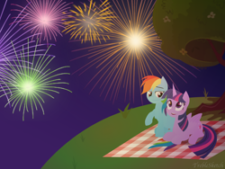 Size: 3264x2448 | Tagged: safe, artist:treblesketchofficial, derpibooru import, rainbow dash, twilight sparkle, twilight sparkle (alicorn), alicorn, pegasus, pony, fanfic art, female, fireworks, lesbian, picnic blanket, prone, shipping, twidash