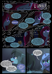 Size: 1240x1754 | Tagged: safe, artist:lunarcakez, princess luna, oc, oc:destiny, oc:dusk, alicorn, pony, comic:the origins of hollow shades, comic, female, male, mare, s1 luna, stallion