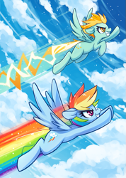 Size: 569x800 | Tagged: safe, artist:jopiter, lightning dust, rainbow dash, pegasus, pony, duo, female, flying, mare, rainbow trail, sky, speed trail, trail