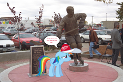 Size: 1600x1066 | Tagged: safe, derpibooru import, rainbow dash, human, detroit red wings, gordie howe, hockey, ice hockey, irl, nhl, photo, ponies in real life, rest in peace, statue, toys r us, tribute, vector