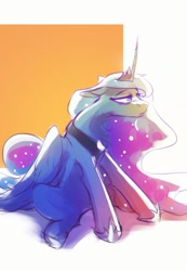 Size: 754x1090 | Tagged: safe, artist:anticular, princess luna, alicorn, pony, jewelry, regalia, sitting, solo, tired