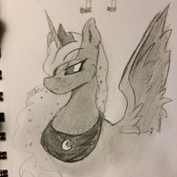 Size: 1080x1080 | Tagged: safe, alternate version, artist:tejsfuzzyprints, princess luna, alicorn, pony, bust, female, grayscale, jewelry, mare, monochrome, peytral, tiara, traditional art