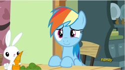 Size: 1279x719 | Tagged: safe, derpibooru import, screencap, angel bunny, rainbow dash, pegasus, pony, flutter brutter, carrot, chair, cute, dashabetes, discovery family logo, female, food, mare, sitting