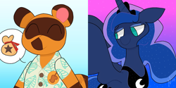 Size: 1536x768 | Tagged: safe, artist:nia_fishcat, princess luna, alicorn, anthro, pony, raccoon, animal crossing, anthro with ponies, clothes, crossover, female, jewelry, male, mare, money bag, peytral, six fanarts, smiling, tiara, tom nook