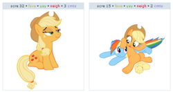 Size: 482x256 | Tagged: safe, derpibooru import, applejack, rainbow dash, earth pony, pegasus, pony, exploitable meme, juxtaposition, juxtaposition win, rainbowdash presents