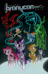 Size: 1650x2550 | Tagged: safe, artist:chibi-jen-hen, derpibooru import, applejack, discord, fluttershy, nightmare moon, pinkie pie, queen chrysalis, rainbow dash, rarity, spike, twilight sparkle, alicorn, changeling, changeling queen, draconequus, dragon, earth pony, pegasus, pony, unicorn, 2012, black background, convention art, convention:bronycon, convention:bronycon summer 2012, female, male, mane seven, mane six, mare, poster, simple background