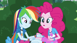 Size: 1280x720 | Tagged: safe, derpibooru import, screencap, pinkie pie, rainbow dash, equestria girls, friendship games, pinkie spy (short), arms, balloon, boots, bracelet, breasts, bush, bust, clothes, collar, eyelashes, female, fingers, frown, grass, hand, high heel boots, jewelry, legs, long hair, open frown, outdoors, shirt, short sleeves, siting, skirt, socks, sweatshirt, t-shirt, teenager, teeth, tongue, vest, wristband