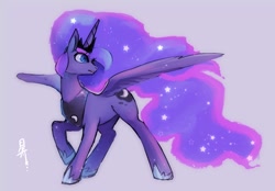 Size: 2039x1418 | Tagged: safe, artist:hosikawa, princess luna, alicorn, pony, ethereal mane, female, gray background, mare, simple background, solo, spread wings, starry mane, wings