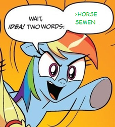 Size: 334x366 | Tagged: safe, derpibooru import, idw, applejack, rainbow dash, earth pony, pegasus, pony, /mlp/, blonde mane, blue coat, blue wings, dialogue, exploitable meme, female, greentext, mare, meme, multicolored hair, open mouth, orange background, raised hoof, raised leg, simple background, smiling, speech bubble, text, two words meme, underhoof, wings